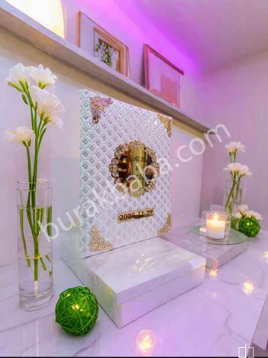 Nikkah booklet Premium Quality Golden Acrylic Sheet (White Fabric)