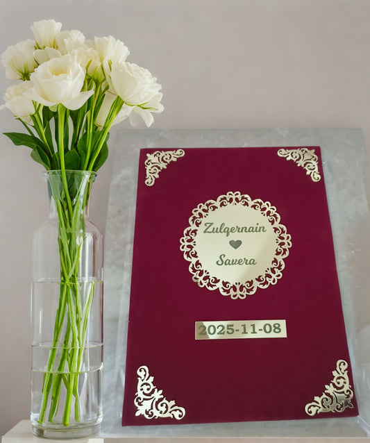 Nikkah booklet Premium Quality Golden Acrylic Sheet (Maroon Velvet Fabric)