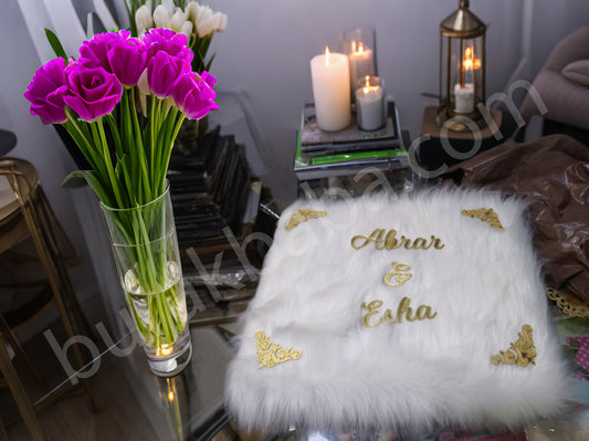 Luxury Fur Nikah Booklet – Custom Name & Date with Golden Acrylic | Elegant Wedding Gift Box
