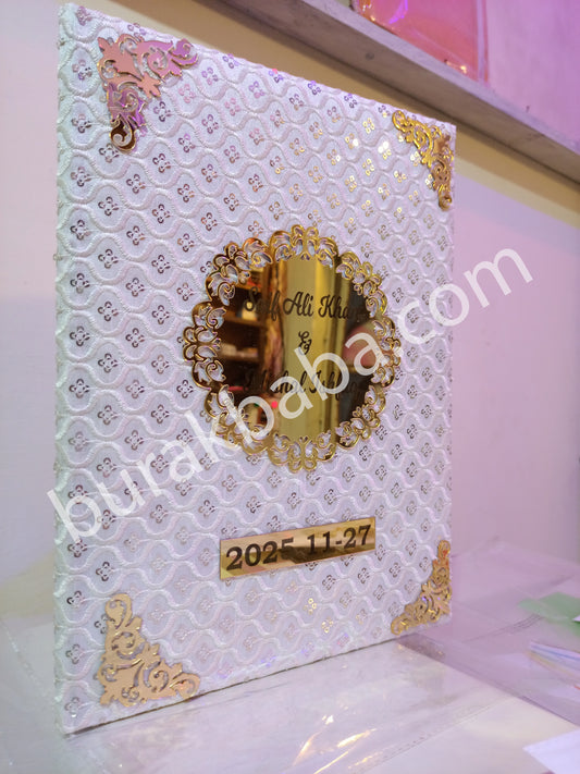Nikkah booklet Premium Quality Golden Acrylic Sheet (White Fabric)